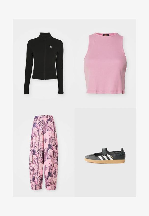 Čierna zipsová bunda s dlhými rukávmi, vyrobená z textúrovaného materiálu, s malým modrým logom Adidas na ľavej hrudi.; Ružový rebrovaný crop top s okrúhlym výstrihom a bezrukávovým dizajnom. Má lemovanie končiace tesne nad pásom.; Ružové a fialové široké nohavice s vzorom obsahujúce dizajn listov a vetvičiek, s vysokým pásom a bočnými vreckami pre väčšiu funkčnosť.; Čierne kožené a zamšové tenisky s Velcro pásikom, s tromi bielymi pruhmi a gumenou podrážkou, označené nápisom "SAMBA" na boku.