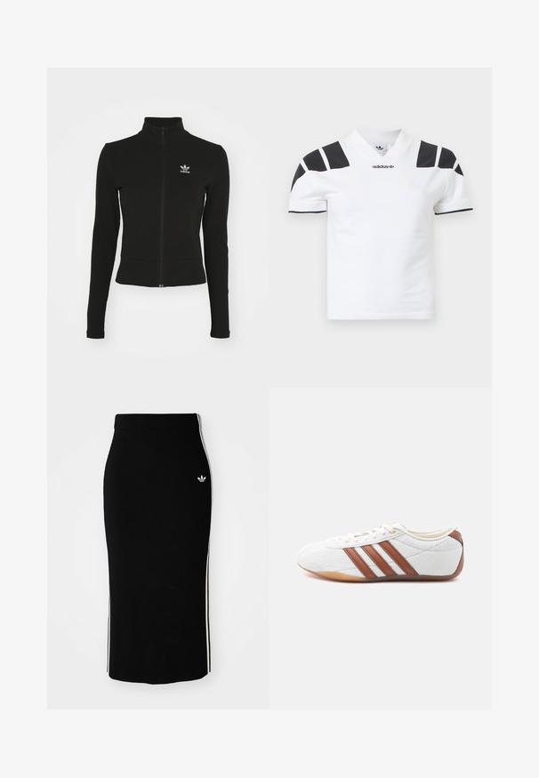 Sort zip-up jakke med lange ærmer, lavet af tekstureret materiale, med et lille blåt Adidas-logo på venstre bryst.; Hvid kortærmet skjorte med sorte detaljer på skuldre og krave. Har en V-hals og Adidas-logo foran. Fremstillet af bomuld.; Sort ribbet midi-nederdel med en tætsiddende design, der har hvide sidelister og et lille hvidt emblem på venstre side.; Hvid sneaker med lavt snit og brune læderstriber, snørelukning og en sål i gummi, vist fra indersiden på en hvid baggrund.