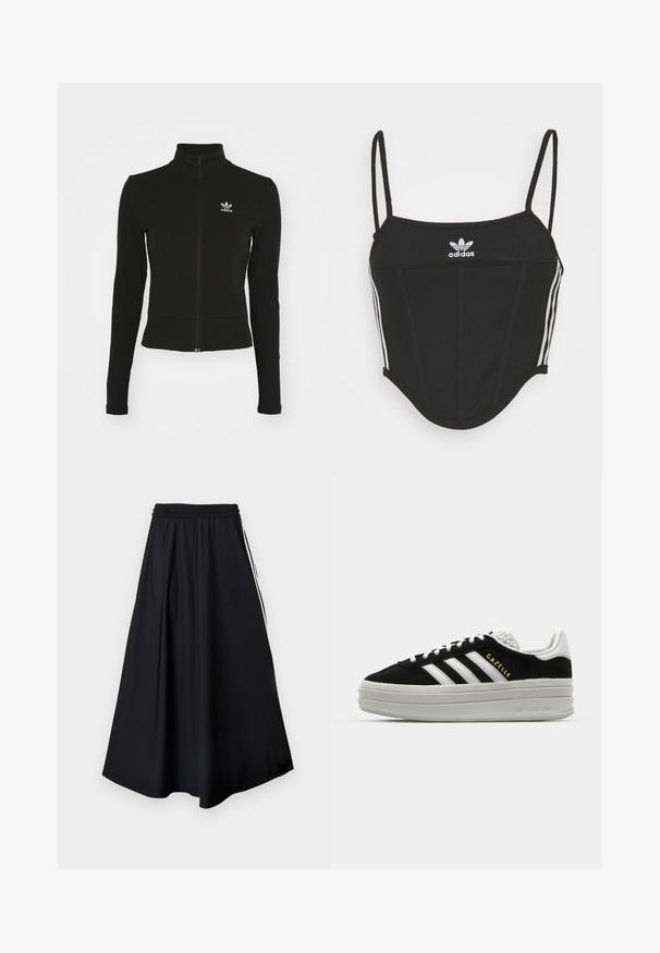 Chaqueta negra con cremallera y mangas largas, hecha de material texturizado, que presenta un pequeño logo azul de Adidas en el lado izquierdo del pecho.; Top corto negro con canalé y tirantes finos ajustables, que presenta tres rayas blancas a los lados y un pequeño logo de Adidas blanco en el centro.; Pantalones negros de pierna ancha con cinturilla elástica y franjas blancas laterales, mostrados sobre un fondo blanco liso.; Zapatillas negras de ante con detalles en cuero blanco, tres rayas blancas, cordones planos y una gruesa suela de plataforma gris. Marca "Gazelle" en dorado.