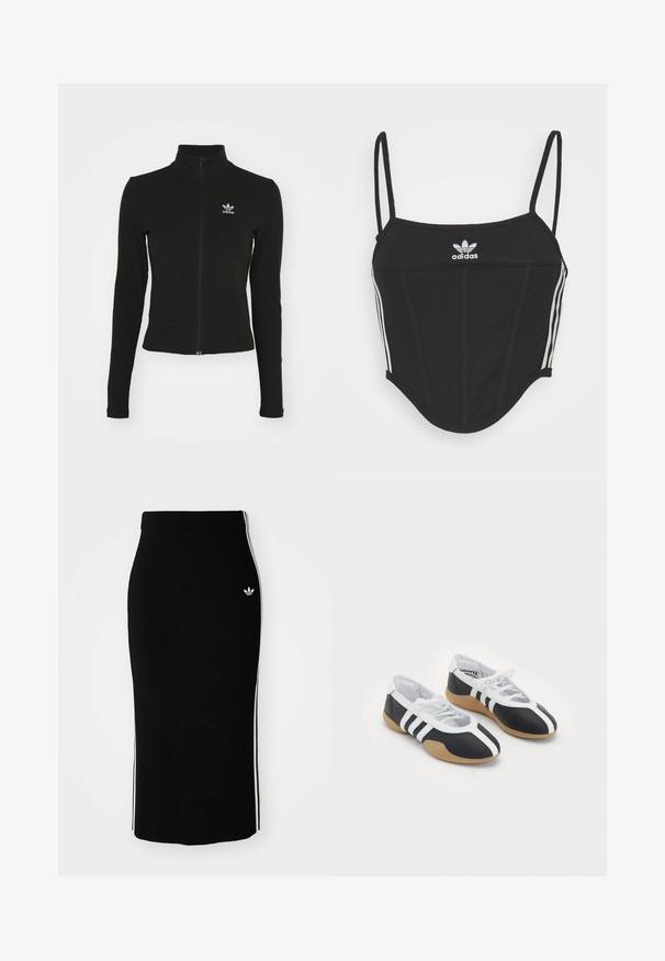 Chaqueta negra con cremallera y mangas largas, hecha de material texturizado, que presenta un pequeño logo azul de Adidas en el lado izquierdo del pecho.; Top corto negro con canalé y tirantes finos ajustables, que presenta tres rayas blancas a los lados y un pequeño logo de Adidas blanco en el centro.; Falda midi negra con diseño ajustado, que presenta franjas laterales blancas y un pequeño emblema blanco en el lado izquierdo.; Zapatillas deportivas en blanco y negro con un diseño elegante, suela de goma, cierre de cordones y tres franjas blancas en los lados.
