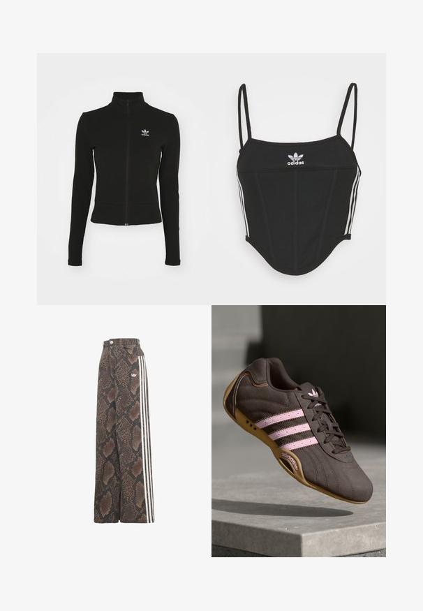 Sort zip-up jakke med lange ærmer, lavet af tekstureret materiale, med et lille blåt Adidas-logo på venstre bryst.; Sort ribbet crop top med justerbare tynde stropper, der har tre hvide striber på siderne og et lille hvidt Adidas-logo i midten.; Bukser med brede ben med brunt og sort slangeskindsmønster, med hvidt tre-stribet sidestykke og Adidas trefoil logo på hoften.; Brune ruskind atletik sko med pink striber og logo, med en tekstureret overdel, snørebåndslukning og en gummirubbersål.