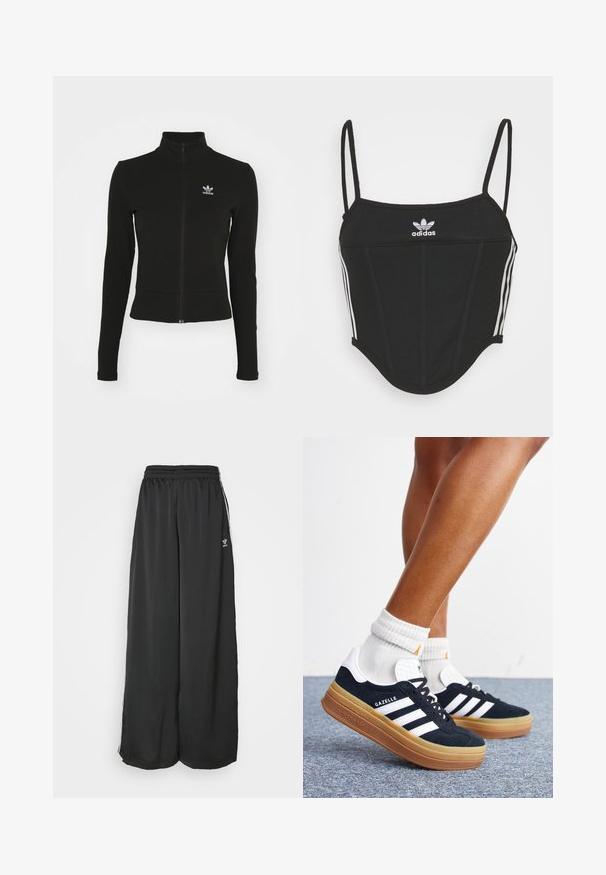Sort zip-up jakke med lange ærmer, lavet af tekstureret materiale, med et lille blåt Adidas-logo på venstre bryst.; Sort ribbet crop top med justerbare tynde stropper, der har tre hvide striber på siderne og et lille hvidt Adidas-logo i midten.; Sorte løstsiddende træningsbukser lavet af glat stof. Har en elastisk talje og sidelogsstriber med logoaccents.; Ben iført hvide sokker og sorte Adidas Gazelle sneakers med hvide striber og tykke brune såler på et gråt tæppe.