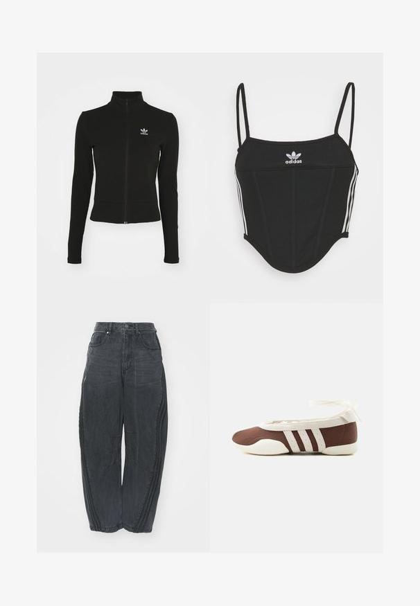 Schwarze Jacke mit Reißverschluss und langen Ärmeln, aus strukturiertem Material, mit einem kleinen blauen Adidas-Logo auf der linken Brust.; Schwarzes, geripptes Crop Top mit verstellbaren dünnen Trägern, das drei weiße Streifen an den Seiten und ein kleines weißes Adidas-Logo in der Mitte aufweist.; Lockere schwarze Denim-Jeans mit einem verblassten Finish, fünf Taschen, einem Knopfverschluss an der Taille und gestickten Details an der Vorderseite und den Seiten.; Brauner und weißer Ballerinaschuh mit drei weißen Streifen und einer Schleife zum Binden am Knöchel auf einem schlichten hellen Hintergrund.