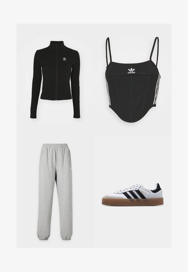 Zwarte zip-up jas met lange mouwen, gemaakt van textuurmateriaal, met een klein blauw Adidas-logo op de linkerborst.; Zwarte geribbelde crop top met verstelbare dunne bandjes, voorzien van drie witte strepen aan de zijkanten en een klein wit Adidas-logo in het midden.; Lichtgrijze joggingbroek met elastische tailleband en boorden, zijzakken en een klein wit logo op het bovenbeen.; Witte leren sneakers met zwarte strepen, gumrubberen buitenzool, ronde neus, vetersluiting en een zachte grijze suède neuskap.