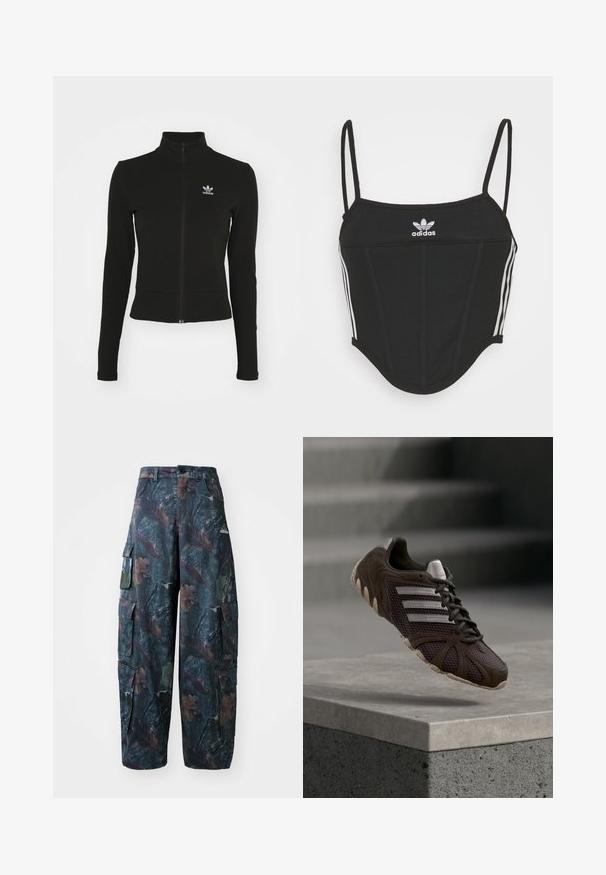Chaqueta negra con cremallera y mangas largas, hecha de material texturizado, que presenta un pequeño logo azul de Adidas en el lado izquierdo del pecho.; Top corto negro con canalé y tirantes finos ajustables, que presenta tres rayas blancas a los lados y un pequeño logo de Adidas blanco en el centro.; Pantalones cargo de camuflaje en verde oscuro y marrón, con múltiples bolsillos y un ajuste holgado, hechos de una tela ligera y resistente.; Zapatilla Adidas de color marrón oscuro con parte superior de malla, tres franjas blancas y suela texturizada, suspendida sobre una plataforma de cemento con escalones desenfocados al fondo.