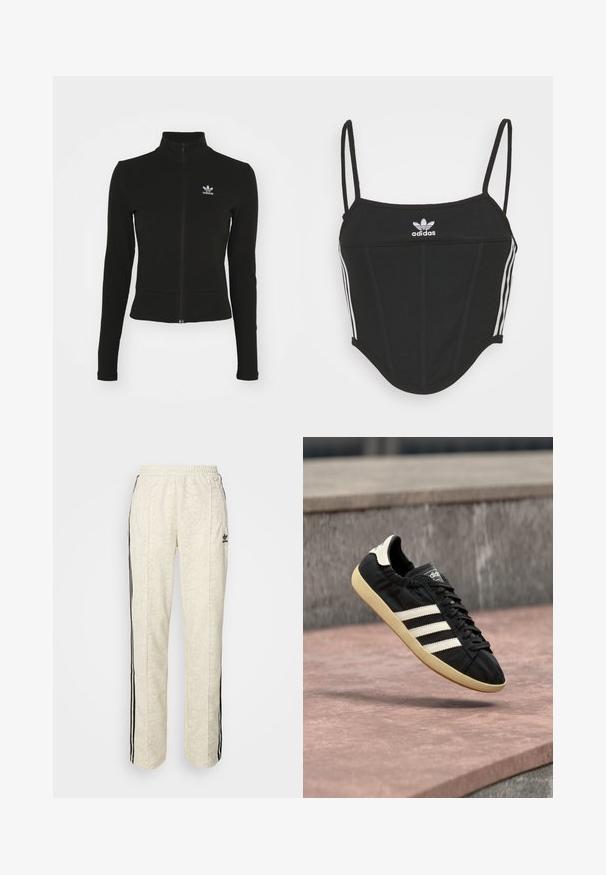 Sort zip-up jakke med lange ærmer, lavet af tekstureret materiale, med et lille blåt Adidas-logo på venstre bryst.; Sort ribbet crop top med justerbare tynde stropper, der har tre hvide striber på siderne og et lille hvidt Adidas-logo i midten.; Cremefarvede joggers med et struktureret, slangeskindsmønster. Har sorte sidelister og en elastisk talje. Sort logoaccent på låret.; Sort Adidas sneaker med hvide striber og beige sål, fanget i luften over en stenet overflade og baggrund af en stenmur.