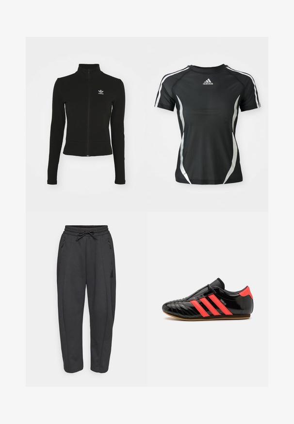 Čierna zipsová bunda s dlhými rukávmi, vyrobená z textúrovaného materiálu, s malým modrým logom Adidas na ľavej hrudi.; Čierne športové tričko Adidas s krátkym rukávom, s bielymi pruhmi na ramenách a striebornými zakrivenými akcentmi po stranách.; Čierne športové nohavice s elastickým pásom, sťahovacou šnúrkou, bočnými zipsovými vreckami a zúženými nohavicami. Vyrobené z mäkkej, textúrovanej látky.; Čierne športové topánky s tromi horizontálnymi ružovými pruhmi, štýlový dizajn, hladký vrchný materiál z lesklej kože, gumová podrážka, textúrované švy.