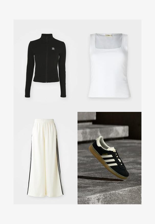 Chaqueta negra con cremallera y mangas largas, hecha de material texturizado, que presenta un pequeño logo azul de Adidas en el lado izquierdo del pecho.; Top de tirantes blanco con escote cuadrado, hecho de una tela suave. Presenta tirantes anchos y una silueta ajustada. Sin patrones ni adornos visibles.; Pantalones anchos blancos con cintura elástica y rayas verticales negras a lo largo de las costuras exteriores.; Zapatilla negra Adidas München con rayas blancas y suela de goma flotando sobre escalones de concreto texturizado.