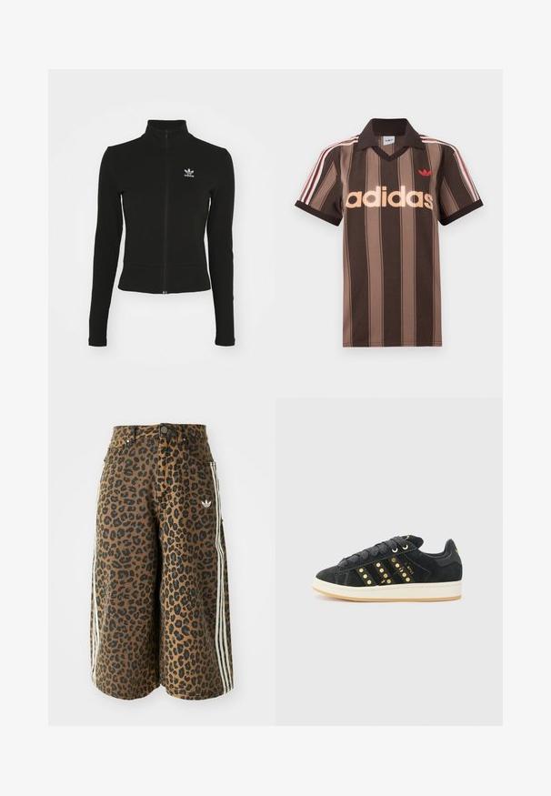 Chaqueta negra con cremallera y mangas largas, hecha de material texturizado, que presenta un pequeño logo azul de Adidas en el lado izquierdo del pecho.; Polo Adidas marrón con rayas, cuello en V, cuello burdeos y logo rojo. Presenta rayas blancas y rojas en los hombros, mangas cortas.; Shorts anchos marrones con estampado de leopardo negro, franjas laterales blancas, cierre de botón, bolsillos delanteros y un pequeño logo de Adidas en el lado derecho.; adidas Originals CAMPUS 00S W - Zapatillas - core black/carbon/gold-coloured