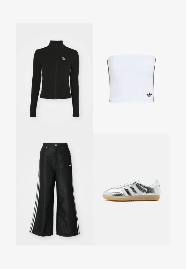 Čierna zipsová bunda s dlhými rukávmi, vyrobená z textúrovaného materiálu, s malým modrým logom Adidas na ľavej hrudi.; Biely bandeau top vyrobený z elastického materiálu. Obsahuje čierne bočné pruhy a malé čierne logo na okraji. Hladká textúra.; Čierne džínsy s širokým strihom, s tromi bielymi pruhmi po stranách a malým bielym logom. Obsahujú predné vrecká a zapínanie na gombík.; Nízkoprofilová teniska so striebornou metalickou hadou textúrou, bielymi pruhmi, bielymi šnúrkami a svetlou gumovou podrážkou na bielom pozadí.