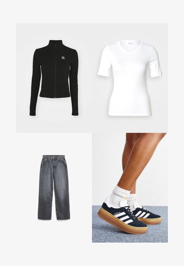 Zwarte zip-up jas met lange mouwen, gemaakt van textuurmateriaal, met een klein blauw Adidas-logo op de linkerborst.; Wit T-shirt met korte mouwen van glad katoen, met een ronde halslijn en een aangesloten pasvorm. Klassiek ontwerp, zonder patronen of accenten.; Donkergrijze rechte jeans met voorzakken, riemlussen, knoop en ritssluiting.; Ben met witte sokken en zwarte Adidas Gazelle sneakers met witte strepen en dikke bruine zolen op een grijs tapijt.