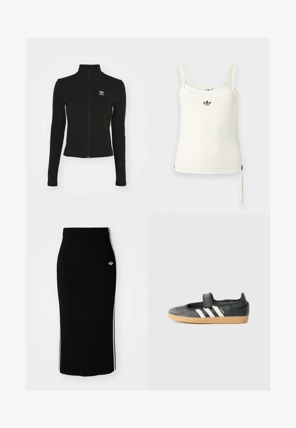 Čierna zipsová bunda s dlhými rukávmi, vyrobená z textúrovaného materiálu, s malým modrým logom Adidas na ľavej hrudi.; Krémové tielko s tenkými ramienkami; čierne logo Adidas na prsiach. Hladká látka s detailom sťahovacieho šnúrky na leme. Jednoduchý dizajn.; Čierna rebrovaná midi sukňa s priliehajúcim strihom, s bielymi bočnými pruhmi a malým bielym emblémom na ľavej strane.; Čierne kožené a zamšové tenisky s Velcro pásikom, s tromi bielymi pruhmi a gumenou podrážkou, označené nápisom "SAMBA" na boku.