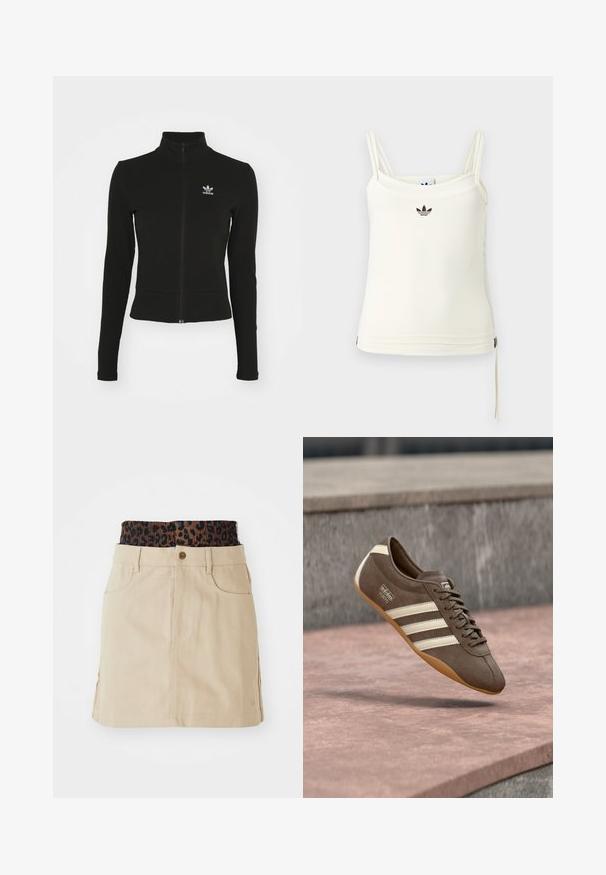 Sort zip-up jakke med lange ærmer, lavet af tekstureret materiale, med et lille blåt Adidas-logo på venstre bryst.; Cremefarvet tanktop med tynde stropper; Adidas-logo i sort på brystet. Glat stof med en snorejustering ved kanten. Enkel design.; Tan denim nederdel med en brun leopardmønstret elastisk talje, forlommer og en lige pasform, der har synlige syninger.; Brun ruskindssneaker med hvide striber og branding, med rund tå og ydersål af gummibelagt gummi, hængende over en struktureret overflade.