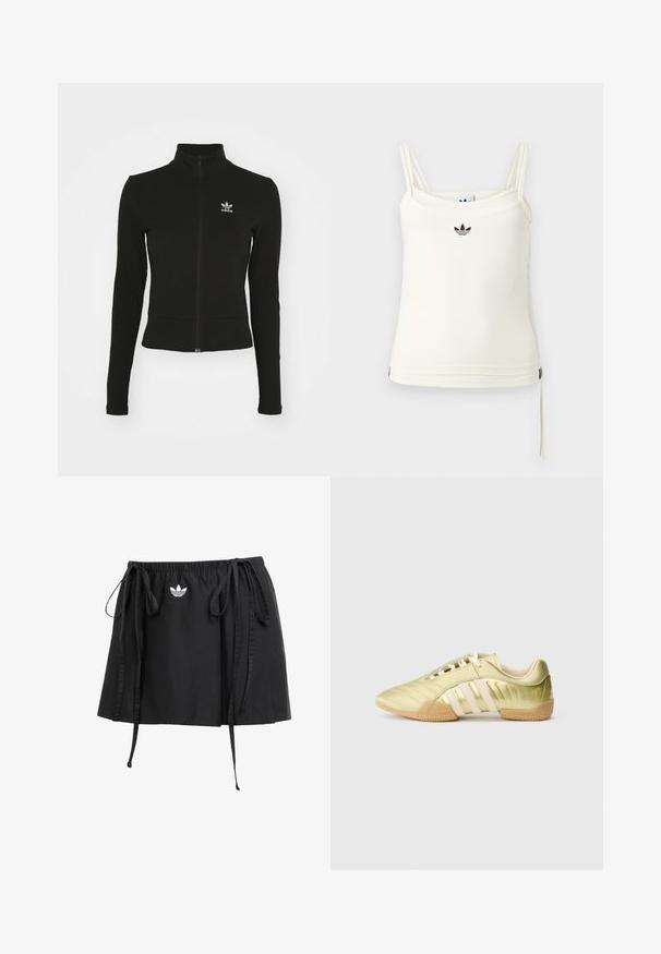 Sort zip-up jakke med lange ærmer, lavet af tekstureret materiale, med et lille blåt Adidas-logo på venstre bryst.; Cremefarvet tanktop med tynde stropper; Adidas-logo i sort på brystet. Glat stof med en snorejustering ved kanten. Enkel design.; Sort atletisk nederdel med justerbare snore, der har et lille hvidt logo på fronten. Fremstillet af letvægtsstof med en glat tekstur.; Limegrøn syntetisk sportssko med en glat tekstur, der har tre hvide striber, en blød indvendig foring og en tekstureret gummiydersål.
