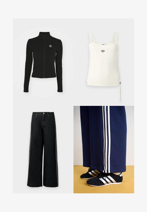 Čierna zipsová bunda s dlhými rukávmi, vyrobená z textúrovaného materiálu, s malým modrým logom Adidas na ľavej hrudi.; Krémové tielko s tenkými ramienkami; čierne logo Adidas na prsiach. Hladká látka s detailom sťahovacieho šnúrky na leme. Jednoduchý dizajn.; Čierne široké džínsové nohavice s bočnými pruhmi, prednými vreckami, pútkami na opasok a kovovým gombíkom na zapínanie v páse.; Námornícke tepláky s tromi bielymi vertikálnymi pruhmi a čiernymi atletickými topánkami so striebornými pruhmi a textúrovaným povrchom. Žltá podlaha.