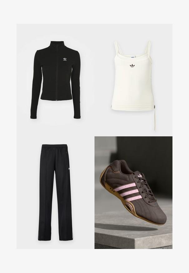 Zwarte zip-up jas met lange mouwen, gemaakt van textuurmateriaal, met een klein blauw Adidas-logo op de linkerborst.; Roomkleurig tanktop met dunne bandjes; Adidas-logo in zwart op de borst. Glad stof met een koorddetail aan de zoom. Eenvoudig ontwerp.; Zwarte atletische broek met elastische tailleband, zijritszakken, witte strepen op de onderbenen en een klein wit logo aan de zijkant.; Bruine suède sport schoen met roze strepen en logo, voorzien van een gestructureerde bovenkant, vetersluiting en een gumrubberen zool.