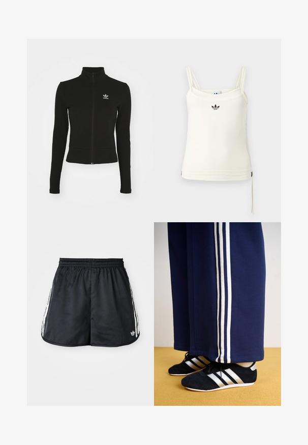 Schwarze Jacke mit Reißverschluss und langen Ärmeln, aus strukturiertem Material, mit einem kleinen blauen Adidas-Logo auf der linken Brust.; Cremefarbenes Tanktop mit dünnen Trägern; Adidas-Logo in Schwarz auf der Brust. Glatter Stoff mit Kordelzug-Detail am Saum. Einfaches Design.; Schwarze Sportshorts mit einem elastischen Bund, weißen drei Streifen an den Seiten und einem kleinen Logo am unteren Saum.; Marineblaue Sweatpants mit drei weißen vertikalen Streifen und schwarzen Sportschuhen mit silbernen Streifen und strukturierten Oberflächen. Gelber Boden.