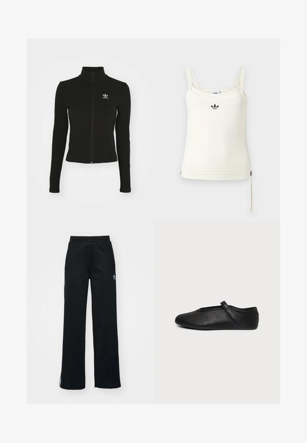Sort zip-up jakke med lange ærmer, lavet af tekstureret materiale, med et lille blåt Adidas-logo på venstre bryst.; Cremefarvet tanktop med tynde stropper; Adidas-logo i sort på brystet. Glat stof med en snorejustering ved kanten. Enkel design.; Sorte træningsbukser med en afslappet pasform, snoretræk i taljen, sidelommer med lynlås og diskret hvid branding på venstre ben.; Sort læder Mary Jane flad sko med en enkelt rem og små perforerede prikker på siden, vist på en ensfarvet lysegrå baggrund.