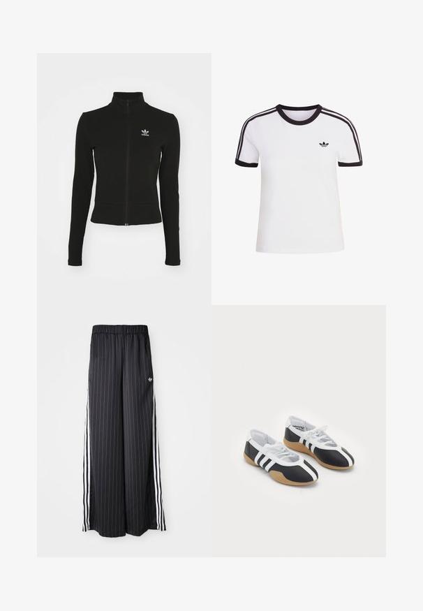 Schwarze Jacke mit Reißverschluss und langen Ärmeln, aus strukturiertem Material, mit einem kleinen blauen Adidas-Logo auf der linken Brust.; Weißes kurzärmliges T-Shirt mit schwarzen Akzenten, mit rundem Ausschnitt und drei schwarzen Streifen auf jeder Schulter. Kleines schwarzes Logo auf der Brust.; Schwarzfarbene, weit geschnittene Hosen mit vertikalen weißen Streifen, elastischem Bund und drei weißen Streifen an der Seite. Adidas-Logo auf der Vorderseite.; Schwarz-weiße Sportschuhe mit einem eleganten Design, Gummisohle, Schnürverschluss und drei weißen Streifen an den Seiten.