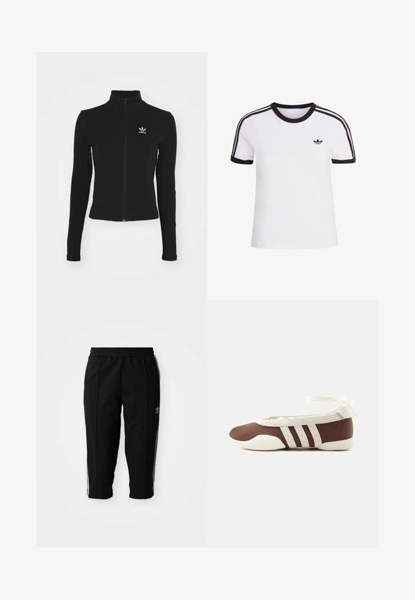 Sort zip-up jakke med lange ærmer, lavet af tekstureret materiale, med et lille blåt Adidas-logo på venstre bryst.; Hvid kortærmet t-shirt med sorte detaljer, der har rund halsudskæring og tre sorte striber på hver skulder. Lille sort logo på brystet.; Sorte træningsbukser med elastisk talje, sidelommer med lynlås og hvide accentstriber langs sømmene. Lavet af et glat og holdbart materiale.; Brun og hvid balletflad sko med tre hvide striber og ankelbånds sløjfe på en ensartet lys baggrund.