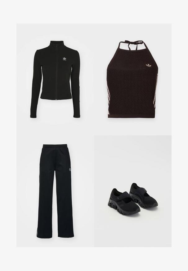 Čierna zipsová bunda s dlhými rukávmi, vyrobená z textúrovaného materiálu, s malým modrým logom Adidas na ľavej hrudi.; Čierny sieťovaný crop top so štruktúrovaným dizajnom. Má ružové akcentové pruhy a malú logo na prednej strane. Zaviazanie na chrbte.; Čierne športové nohavice so voľným strihom, s viazaním v páse, bočnými zipsovými vreckami a diskrétnym bielym logom na ľavej nohe.; Čierne športové topánky s priehľadnou vrstvou, bezpečným remienkom cez priehlavok, hrubou podrážkou s zaoblenými výrezmi a štruktúrovaným detailom po stranách.