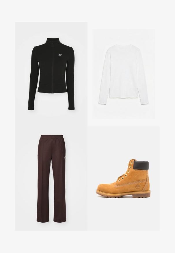 Zwarte zip-up jas met lange mouwen, gemaakt van textuurmateriaal, met een klein blauw Adidas-logo op de linkerborst.; Effen wit, langarmig shirt met ronde hals, plat neerligt op een witte ondergrond, waarbij de voorkant en de volledige mouwlengte zichtbaar zijn.; Bruine sportieve broek met een elastische tailleband, twee zijzakken en een klein logo aan de linkerzijde, gemaakt van een zachte stof.; Bruine leren enkelboot met zwarte voering, gouden oogjes en een gestructureerde zool. Kenmerkt zich door een cirkelvormig logo aan de zijkant en stikselaccenten.