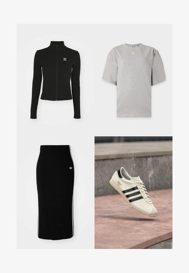 Sort zip-up jakke med lange ærmer, lavet af tekstureret materiale, med et lille blåt Adidas-logo på venstre bryst.; Lysegrå Adidas T-shirt med korte ærmer, rund hals og lille hvid Adidas-logo på brystet, vist på en ensfarvet baggrund.; Sort ribbet midi-nederdel med en tætsiddende design, der har hvide sidelister og et lille hvidt emblem på venstre side.; Hvid Adidas-sneaker med sorte striber og beige sål, svævende over en lyserød betonoverflade og grå stensbaggrund.