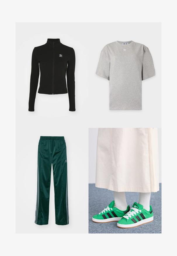 Zwarte zip-up jas met lange mouwen, gemaakt van textuurmateriaal, met een klein blauw Adidas-logo op de linkerborst.; Lichtgrijs Adidas T-shirt met korte mouwen, ronde hals en klein wit Adidas-logo op de borst, weergegeven op een effen achtergrond.; Donkergroene sportbroeken van glanzend materiaal, met zijstrepens in lichtgrijs en een geborduurd logo op het linkerbeen.; Groene suède sneakers met witte veters, zwarte strepen en een logo op de tong. Gecombineerd met geribde witte sokken en een lichtgekleurde rok.