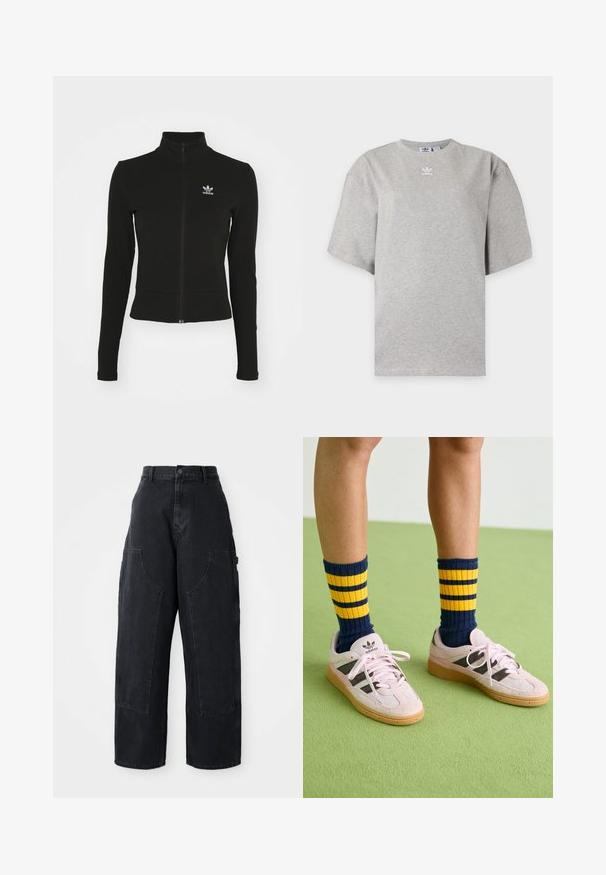 Chaqueta negra con cremallera y mangas largas, hecha de material texturizado, que presenta un pequeño logo azul de Adidas en el lado izquierdo del pecho.; Camiseta Adidas de manga corta color gris claro con cuello redondo y pequeño logo blanco de Adidas en el pecho, mostrada sobre un fondo liso.; Pantalones cargo de denim negro de pierna ancha con cintura alta, dos grandes bolsillos frontales y cierre de botón en la cintura. Textura suave, diseño casual.; Zapatillas de ante rosa claro con rayas negras y suelas de goma, combinadas con calcetines de canalé a rayas en azul marino y amarillo. Suelo verde texturizado.