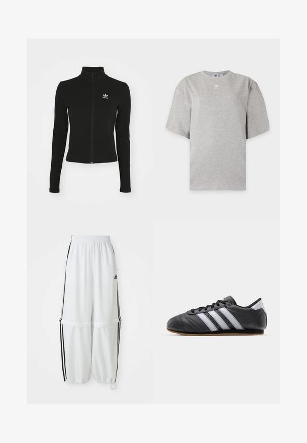 Zwarte zip-up jas met lange mouwen, gemaakt van textuurmateriaal, met een klein blauw Adidas-logo op de linkerborst.; Lichtgrijs Adidas T-shirt met korte mouwen, ronde hals en klein wit Adidas-logo op de borst, weergegeven op een effen achtergrond.; Witte sportbroek met een relaxte pasvorm, elastische tailleband en zwarte zijkanten. Voorzien van ritszakken en elastische boorden bij de enkels.; Zwarte leren sportschoen met witte strepen, ronde neus, platte zool en vetersluiting. Bevat perforaties voor ademend vermogen.
