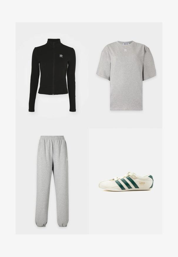 Doudoune noire zippée avec manches longues, fabriquée en matériau texturé, affichant un petit logo Adidas bleu sur la poitrine gauche.; T-shirt Adidas gris clair à manches courtes avec col rond et petit logo Adidas blanc sur la poitrine, présenté sur un fond simple.; Pantalon de survêtement gris clair avec taille et poignets élastiques, poches latérales et petit logo blanc sur la partie supérieure de la cuisse.; Baskets blanches à rayures vertes, avec une sangle à velcro et le texte « Tokyo » sur le côté, vues de l'extérieur sur un fond blanc.