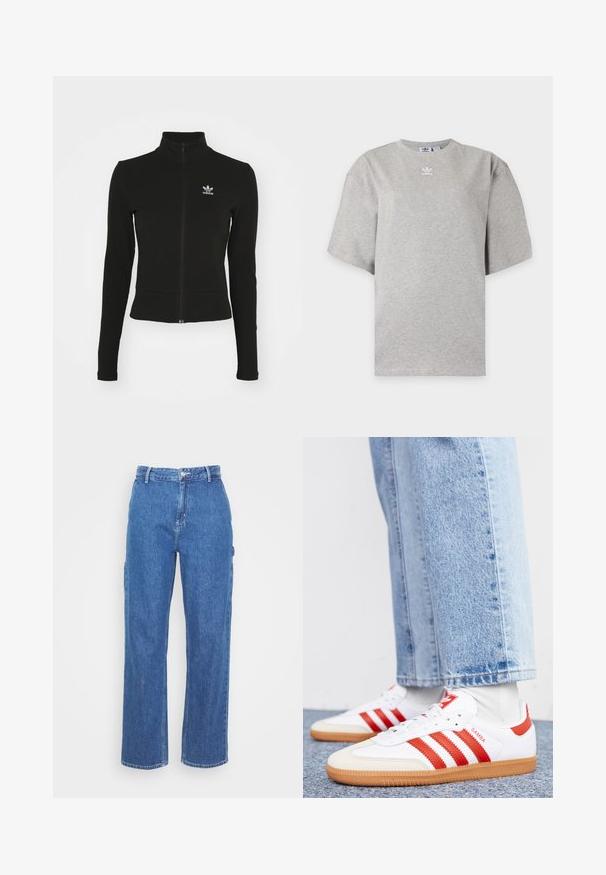 Schwarze Jacke mit Reißverschluss und langen Ärmeln, aus strukturiertem Material, mit einem kleinen blauen Adidas-Logo auf der linken Brust.; Hellgraues Adidas T-Shirt mit kurzen Ärmeln, Rundhalsausschnitt und kleinem weißen Adidas-Logo auf der Brust, auf schlichtem Hintergrund dargestellt.; Blaue High-Waist-Jeans mit geradem Bein, ausgestattet mit einem Frontknopfverschluss und seitlichen Taschen. Glatte Textur und keine sichtbaren Muster.; Weiße Leder Sneaker mit roten Streifen und Akzenten. Verfügt über eine strukturierte Gummi-Laufsohle und einen gepolsterten Schaft. Tragen mit hellblauer Jeans.