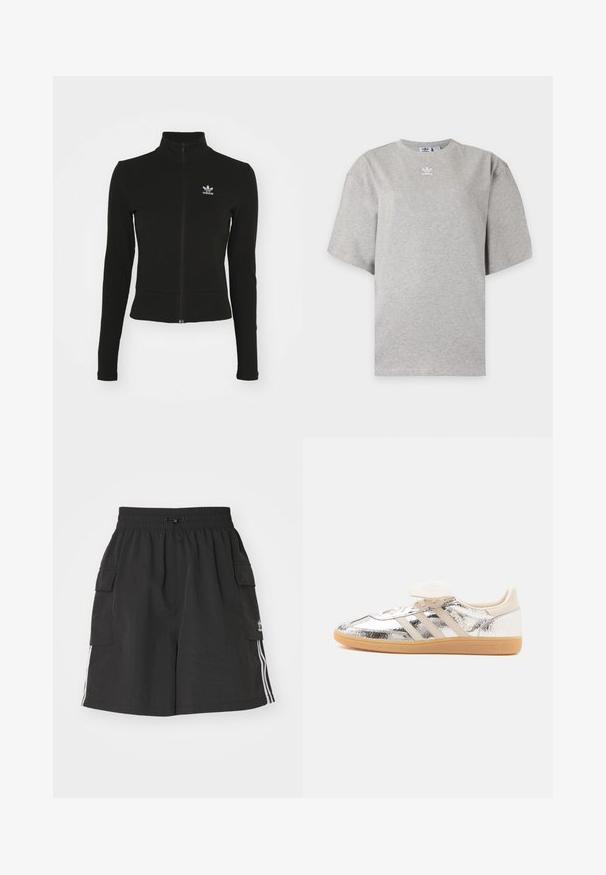 Čierna zipsová bunda s dlhými rukávmi, vyrobená z textúrovaného materiálu, s malým modrým logom Adidas na ľavej hrudi.; Svetlosivé tričko Adidas s krátkym rukávom, okrúhlym výstrihom a malým bielym logom Adidas na hrudi, zobrazené na jednoduchom pozadí.; Čierne cargo šortky vyrobené z ľahkého materiálu, s elastickým pásom, sťahovaním na šnúrku, bočnými vreckami a bielymi bočnými pruhmi.; Nízky teniska s lesklým strieborným vrškom, béžovými tromi pásmi, bielymi šnúrkami a hnedo béžovou gumovou podrážkou, zobrazená z profilu na bielom pozadí.