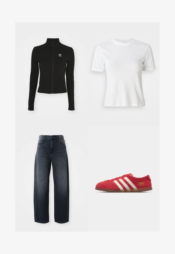 Čierna zipsová bunda s dlhými rukávmi, vyrobená z textúrovaného materiálu, s malým modrým logom Adidas na ľavej hrudi.; Biely rebrovaný tričko s krátkymi rukávmi a okrúhlym výstrihom, s malým logom na hrudi. Vyrobené z mäkkej tkaniny s priliehavým strihom.; Džínsy s voľným strihom v tmavom denime, vysoký pás, klasické zapínanie na gombík a zips, a jemné blednutie na prednej strane.; Červené semišové tenisky s bielym trojpruhovým dizajnom, plochou podrážkou a zlatým logom. Nízky strih s okrúlou špičkou a šnurovaním.