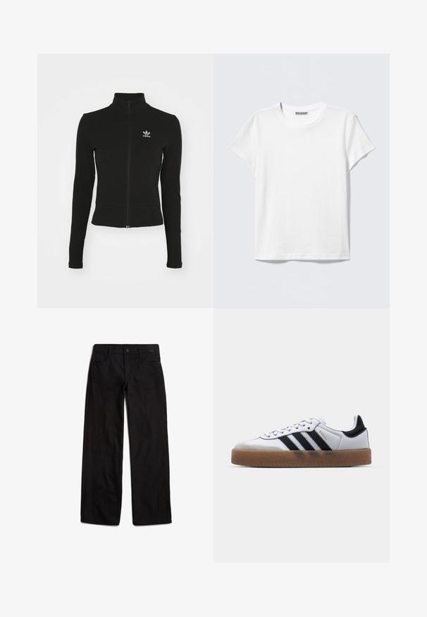 Sort zip-up jakke med lange ærmer, lavet af tekstureret materiale, med et lille blåt Adidas-logo på venstre bryst.; Enkelt hvid T-shirt med korte ærmer og rund halsudskæring med en "WEEKDAY" label indeni kraven, vist på en lys grå baggrund.; Sorte denimbukser med lige ben, frontlukning med knap og fem lommer. Glat tekstur og minimale syninger.; Hvide lædersneakers med sorte striber, gummirubber sål, rund tå, snørelukning og blød grå ruskinds tåhætte.