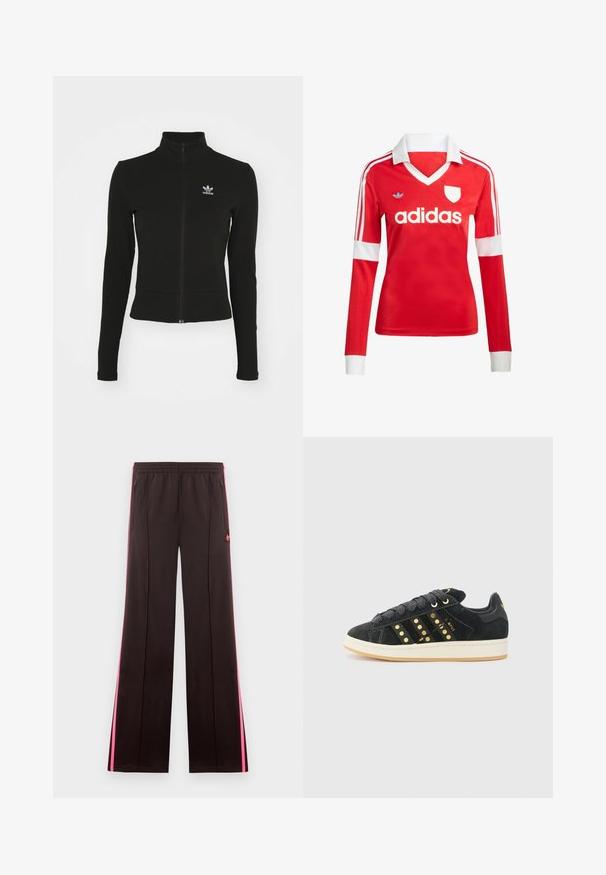Sort zip-up jakke med lange ærmer, lavet af tekstureret materiale, med et lille blåt Adidas-logo på venstre bryst.; Rød langærmet fodboldtrøje med hvid krave og manchetter. Har tre hvide striber på skuldrene og "adidas" logoet fremtrædende vist.; Sorte atletikbukser med lyserøde sidelister, elastisk talje, lynlåslommer og Adidas-logo på venstre lår.; adidas Originals CAMPUS 00S W - Sneakers - core black/carbon/gold-coloured