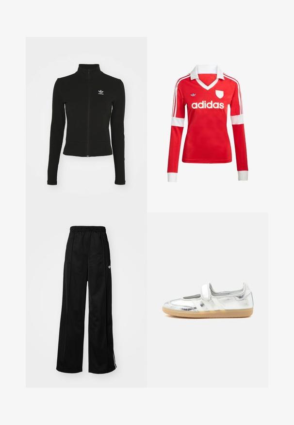 Zwarte zip-up jas met lange mouwen, gemaakt van textuurmateriaal, met een klein blauw Adidas-logo op de linkerborst.; Rode lange mouwen voetbalshirt met een witte kraag en manchetten. Heeft drie witte strepen op de schouders en het "adidas" logo prominent weergegeven.; Zwarte wijde trainingsbroek met een elastische tailleband, voorzien van witte zijkanten en een klein logo op de linker heup. Stevige stoftextuur.; Zilveren metallic Mary Jane schoen met klittenbandsluiting en beige rubberen zool, getoond vanaf de binnenkant op een witte achtergrond.
