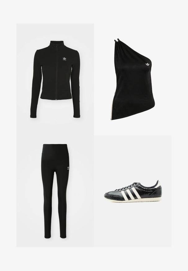 Musta vetoketjullinen takki pitkillä hihoilla, valmistettu teksturoidusta materiaalista, jossa on pieni sininen Adidas-logo vasemmalla rintapielessä.; Mustaa yksikätistä toppia, joka on valmistettu pehmeästä ja sileästä kankaasta, jossa on hillitty geometrinen kuvio ja pieni valkoinen logo rinnassa.; Mustat leggingit, jotka on valmistettu joustavasta materiaalista ja joissa on korkea vyötärö, vasemmassa lahkeessa on pieni valkoinen Adidas-logo. Sujuva pinta.; Musta matala lenkkikenkä, jossa valkoiset raidat ja teksturoitu, kiiltävä pinta, valkoinen pohja ja mustat nauhat, sivuprofiilissa valkoisella taustalla.