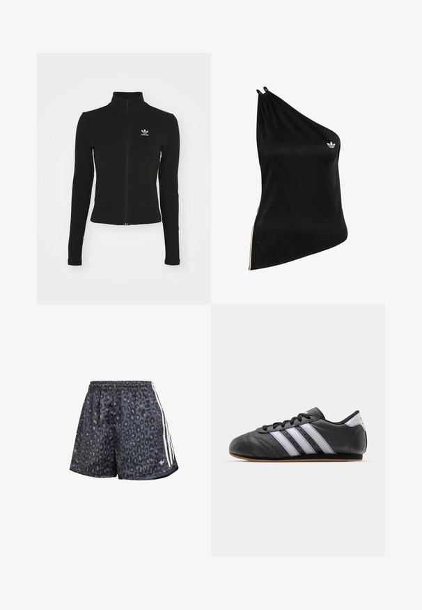 Schwarze Jacke mit Reißverschluss und langen Ärmeln, aus strukturiertem Material, mit einem kleinen blauen Adidas-Logo auf der linken Brust.; Schwarzes One-Shoulder-Top aus weichem, glattem Stoff mit einem dezenten geometrischen Muster und kleinem weißem Logo auf der Brust.; Schwarze Shorts mit einem Leopardenmuster, elastischem Bund und drei weißen vertikalen Streifen an den Seiten.; Schwarzer Sportschuh aus Leder mit weißen Streifen, runder Spitze, flacher Sohle und Schnürverschluss. Besitzt Perforationen für Atmungsaktivität.