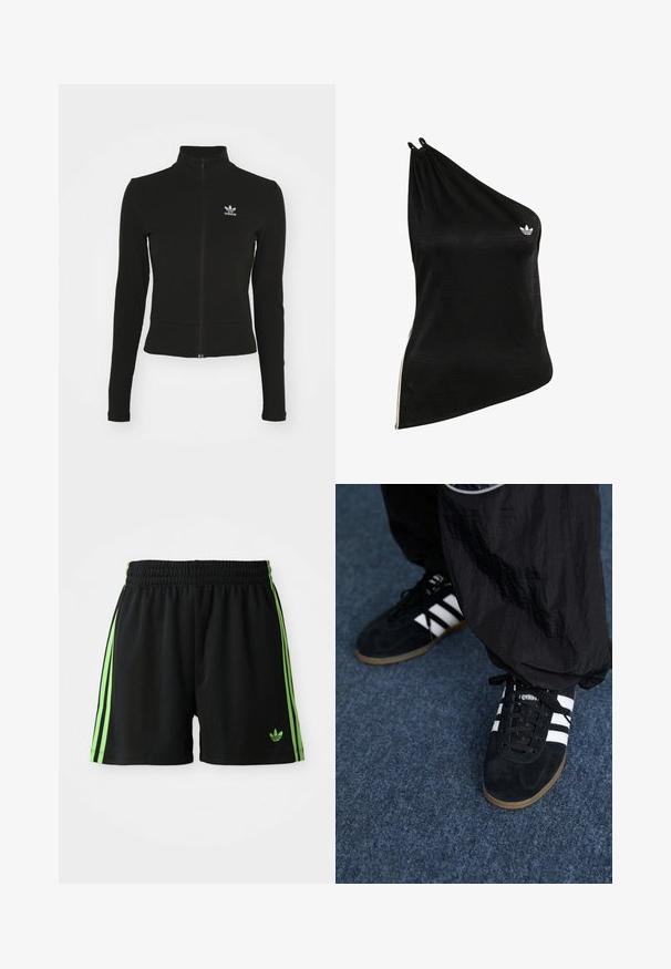 Schwarze Jacke mit Reißverschluss und langen Ärmeln, aus strukturiertem Material, mit einem kleinen blauen Adidas-Logo auf der linken Brust.; Schwarzes One-Shoulder-Top aus weichem, glattem Stoff mit einem dezenten geometrischen Muster und kleinem weißem Logo auf der Brust.; Schwarze Sportshorts mit einem Kordelzugbund, die auf jeder Seite drei vertikale grüne Streifen und das grüne Adidas-Logo aufweisen.; Schwarze Wildleder-Sportschuhe mit drei weißen Streifen und schwarzen Schnürsenkeln. Eine strukturierte schwarze Hose ist teilweise neben den Schuhen sichtbar.