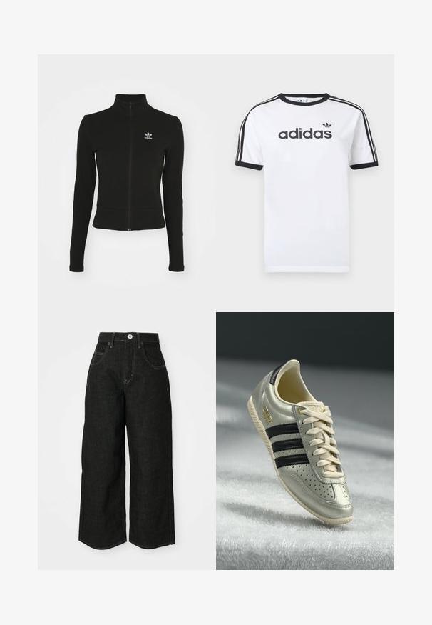 Sort zip-up jakke med lange ærmer, lavet af tekstureret materiale, med et lille blåt Adidas-logo på venstre bryst.; Hvid bomulds-T-shirt med sorte detaljer, har rundt halsudskæring, korte ærmer, tre sorte striber på skuldrene og adidas-logo i sort.; Bredde ben sorte denim jeans med høj talje, med forlommer, syede sømme og klassisk knaplukning. Blødt, tekstureret stof.; Lys grå lædersneaker med sorte striber, perforerede detaljer, beige snørebånd og et guld logo-patch. Tekstureret gummisål.
