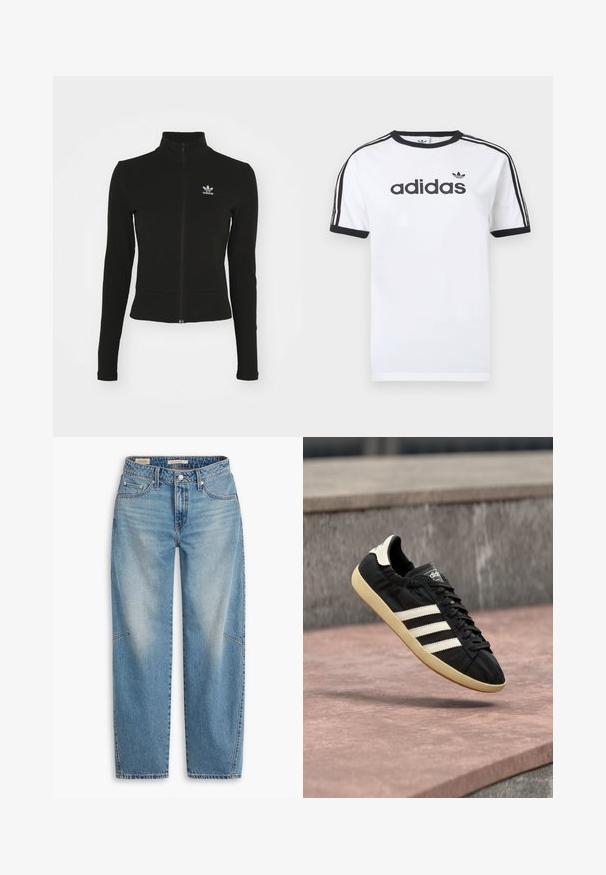Sort zip-up jakke med lange ærmer, lavet af tekstureret materiale, med et lille blåt Adidas-logo på venstre bryst.; Hvid bomulds-T-shirt med sorte detaljer, har rundt halsudskæring, korte ærmer, tre sorte striber på skuldrene og adidas-logo i sort.; Lyseblå denimjeans med løs pasform, lige ben, knapgylp og fem-lomme-stil med subtile falme- og syningsdetaljer.; Sort Adidas sneaker med hvide striber og beige sål, fanget i luften over en stenet overflade og baggrund af en stenmur.