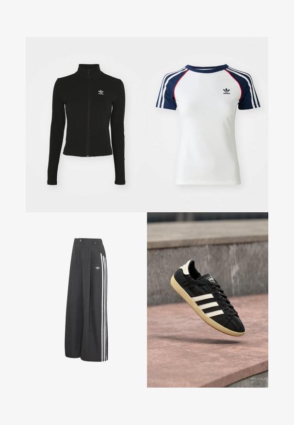 Chaqueta negra con cremallera y mangas largas, hecha de material texturizado, que presenta un pequeño logo azul de Adidas en el lado izquierdo del pecho.; Camiseta de algodón blanca con mangas raglán azul marino, que presenta tres franjas blancas y un pequeño logo de Adidas negro en el pecho. Acentos rojos.; Pantalones negros de pierna ancha con un pequeño patrón de cuadros blancos, rayas blancas en los laterales, cierre de botón y cremallera, y logo de Adidas en la cadera izquierda.; Zapatilla negra Adidas con rayas blancas y suela beige, capturada en el aire sobre una superficie de piedra y con fondo de muro de piedra.