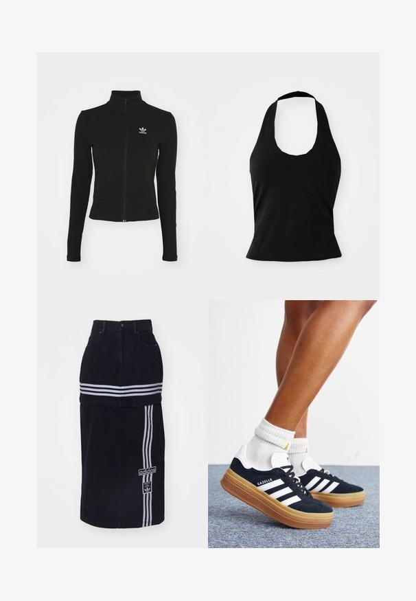 Chaqueta negra con cremallera y mangas largas, hecha de material texturizado, que presenta un pequeño logo azul de Adidas en el lado izquierdo del pecho.; Top negro tipo halter hecho de una tela suave, con un escote redondeado y una silueta ajustada, con una textura lisa y sin patrones visibles.; Falda de mezclilla negra con cintura alta, que presenta dos rayas horizontales blancas, una etiqueta con el logo de Adidas en el lateral y un diseño de corte recto.; Piernas con calcetines blancos y zapatillas Adidas Gazelle negras con rayas blancas y suelas marrones gruesas sobre un suelo alfombrado gris.