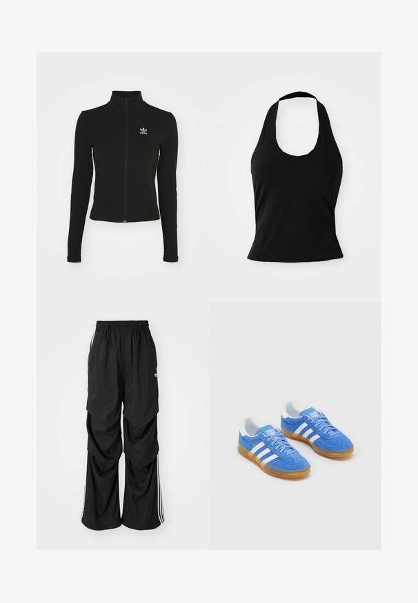 Sort zip-up jakke med lange ærmer, lavet af tekstureret materiale, med et lille blåt Adidas-logo på venstre bryst.; Sort halterneck top lavet af blød stof, med en scoop halsudskæring og en tætsiddende silhuet, med en glat tekstur og uden synlige mønstre.; Sorte løstsiddende bukser med elastisk talje, snøre og hvide sidestriber; lavet af letvægtsstof med en glat tekstur.; Blå ruskinds sportsko med hvide stribede detaljer, gummisål og polstret krave for komfort. Har klassisk snørebåndsdesign.