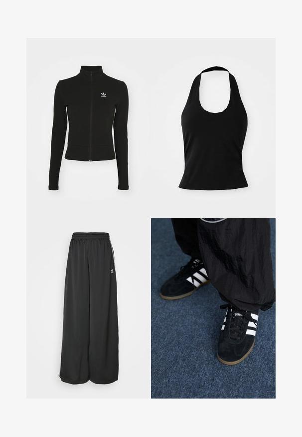 Zwarte zip-up jas met lange mouwen, gemaakt van textuurmateriaal, met een klein blauw Adidas-logo op de linkerborst.; Zwarte haltertop gemaakt van zacht materiaal, met een ronde hals en een getailleerde pasvorm, voorzien van een gladde textuur en zonder zichtbare patronen.; Zwarte, loszittende trainingsbroek van gladde stof. Voorzien van een elastische tailleband en zijstrepen met logo-accenten.; Zwarte suède sportschoenen met drie witte strepen en zwarte veters. Een gestructureerde zwarte broek is deels zichtbaar naast de schoenen.