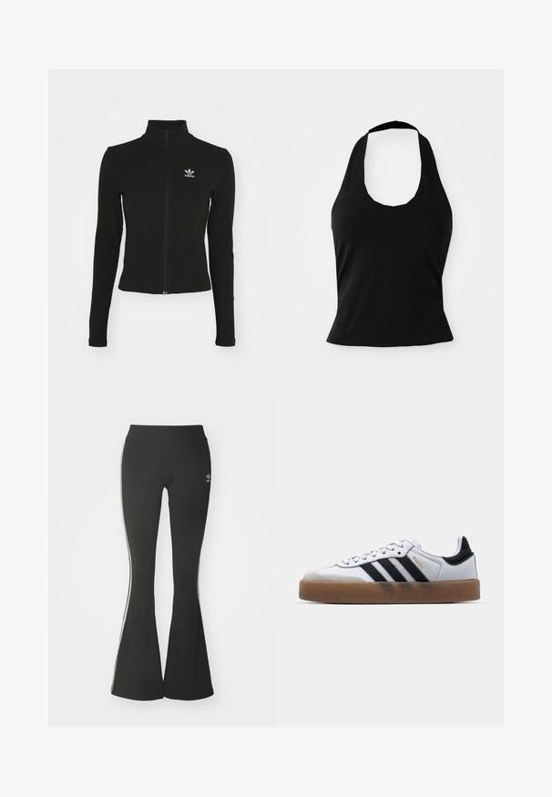 Schwarze Jacke mit Reißverschluss und langen Ärmeln, aus strukturiertem Material, mit einem kleinen blauen Adidas-Logo auf der linken Brust.; Schwarzes Halftertop aus weichem Stoff, mit einem U-Bootausschnitt und einer figurschmeichelnden Silhouette, glatter Textur und ohne sichtbare Muster.; Schwarze ausgestellte Leggings aus Stretchmaterial mit hohem Bund und weißen Seitenstreifen. Inklusive kleinem Logo am Bund.; Weiße Leder Sneakers mit schwarzen Streifen, Gummigummi-Außensohle, runder Zehenform, Schnürverschluss und weichem grauem Wildleder-Zehenkappe.