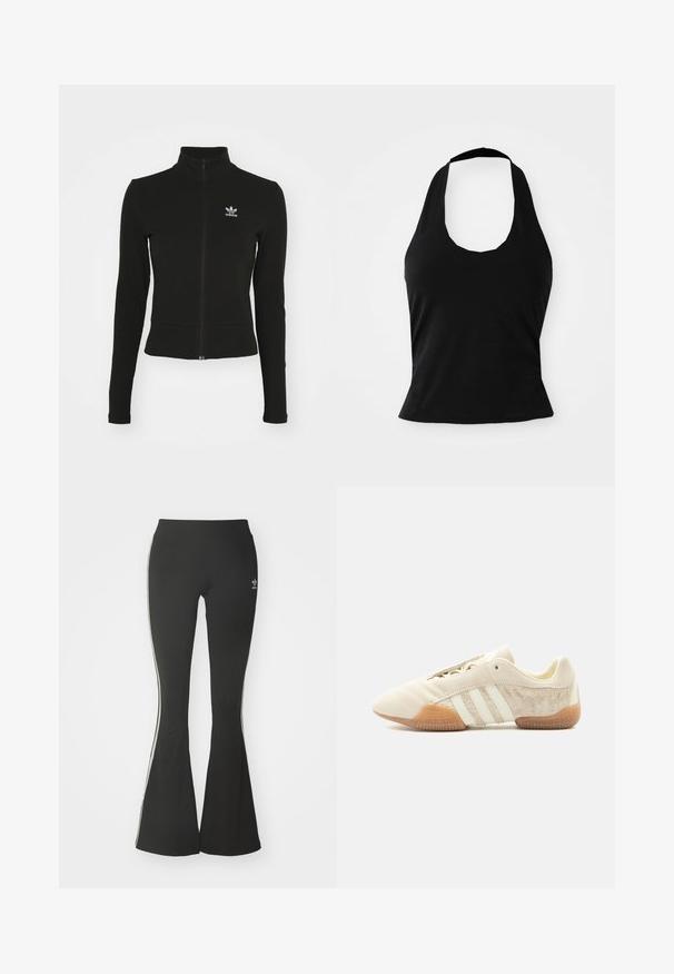 Schwarze Jacke mit Reißverschluss und langen Ärmeln, aus strukturiertem Material, mit einem kleinen blauen Adidas-Logo auf der linken Brust.; Schwarzes Halftertop aus weichem Stoff, mit einem U-Bootausschnitt und einer figurschmeichelnden Silhouette, glatter Textur und ohne sichtbare Muster.; Schwarze ausgestellte Leggings aus Stretchmaterial mit hohem Bund und weißen Seitenstreifen. Inklusive kleinem Logo am Bund.; Flacher beiger Sneaker mit drei weißen Streifen, strukturierten Wildleder-Seitenflächen, Gummisohle und Schnürverschluss vor einfarbigem Hintergrund.