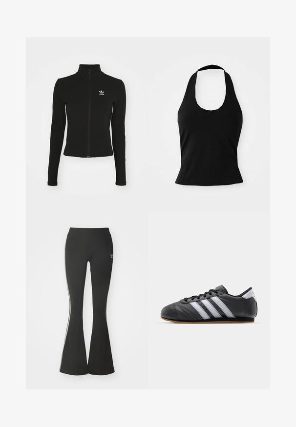 Doudoune noire zippée avec manches longues, fabriquée en matériau texturé, affichant un petit logo Adidas bleu sur la poitrine gauche.; Haut halter noir en tissu doux, avec un col rond et une silhouette ajustée, à la texture lisse et sans motifs visibles.; Leggings évasés noirs en tissu extensible, dotés d'une taille haute et de rayures blanches sur les côtés. Comprend un petit logo à la taille.; Baskets de sport en cuir noir avec des rayures blanches, bout rond, semelle plate et fermeture à lacets. Comprend des perforations pour la respirabilité.