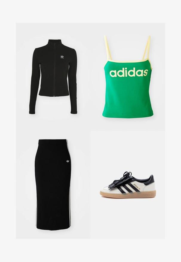 Schwarze Jacke mit Reißverschluss und langen Ärmeln, aus strukturiertem Material, mit einem kleinen blauen Adidas-Logo auf der linken Brust.; Grünes Tanktop mit gelben Akzenten, aus dehnbarem Material. Lieferumfang: großes gelbes "adidas"-Logo auf der Vorderseite und dünne Träger.; Schwarzer, gerippter Midikleid mit einem taillierten Design, das weiße Seitenstreifen und ein kleines weißes Emblem auf der linken Seite aufweist.; Weißer und schwarzer Adidas Spezial Sneaker mit Gummisohle, schwarzen Streifen und schwarzer Schnürsenkelabdeckung auf einfarbig hellem Hintergrund.